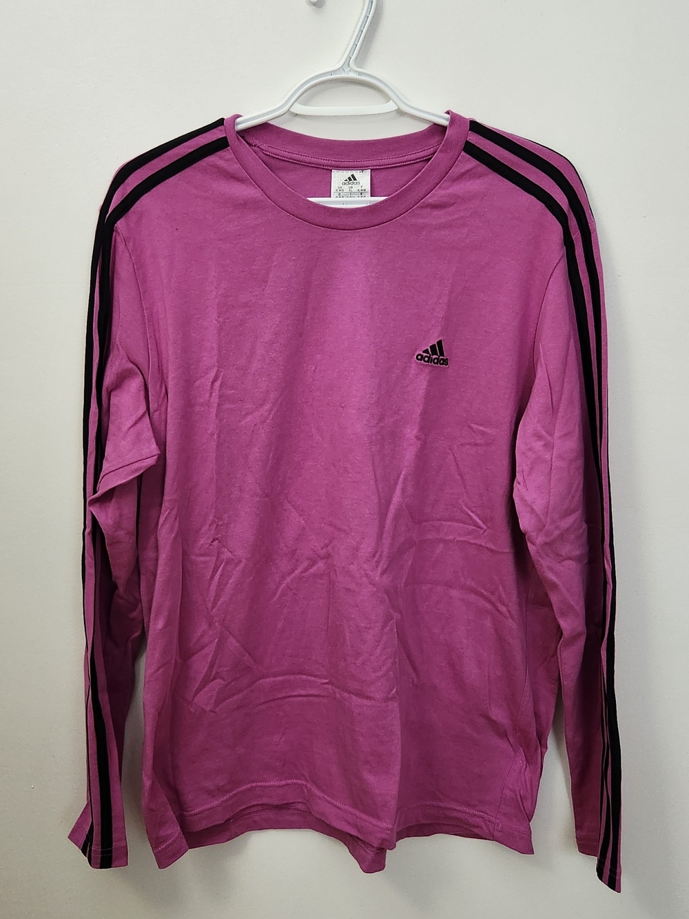 Adidas Women’s Magenta Long-Sleeve Crewneck with Black Three Stripes
